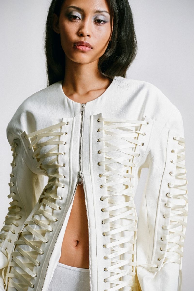 Sean Sheila tailored corset jacket with structured design and sleek fit, showcased in a detailed front view.