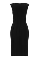 Back view of Lili Blanc modern sleeveless midi dress showing sleek design and elegant fit in a natural fabric.