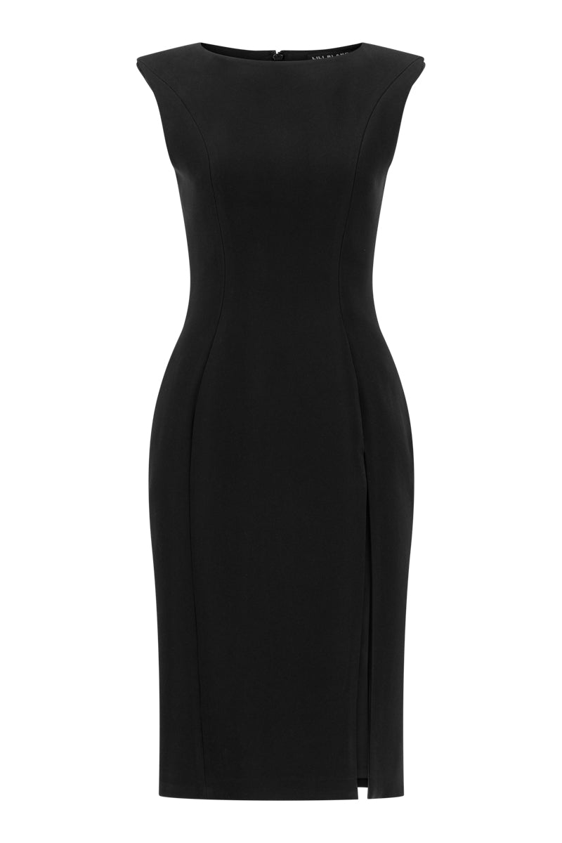 Lili Blanc modern sleeveless midi dress with a sleek design, front view showing its elegant, minimalist style.