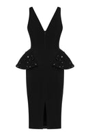 Back view of Lili Blanc sophisticated sleeveless tailored midi dress, showing sleek design and structured fit.