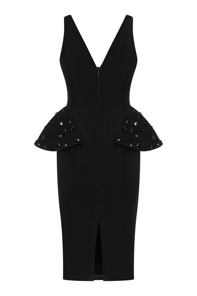 Back view of Lili Blanc sophisticated sleeveless tailored midi dress, showing sleek design and structured fit.