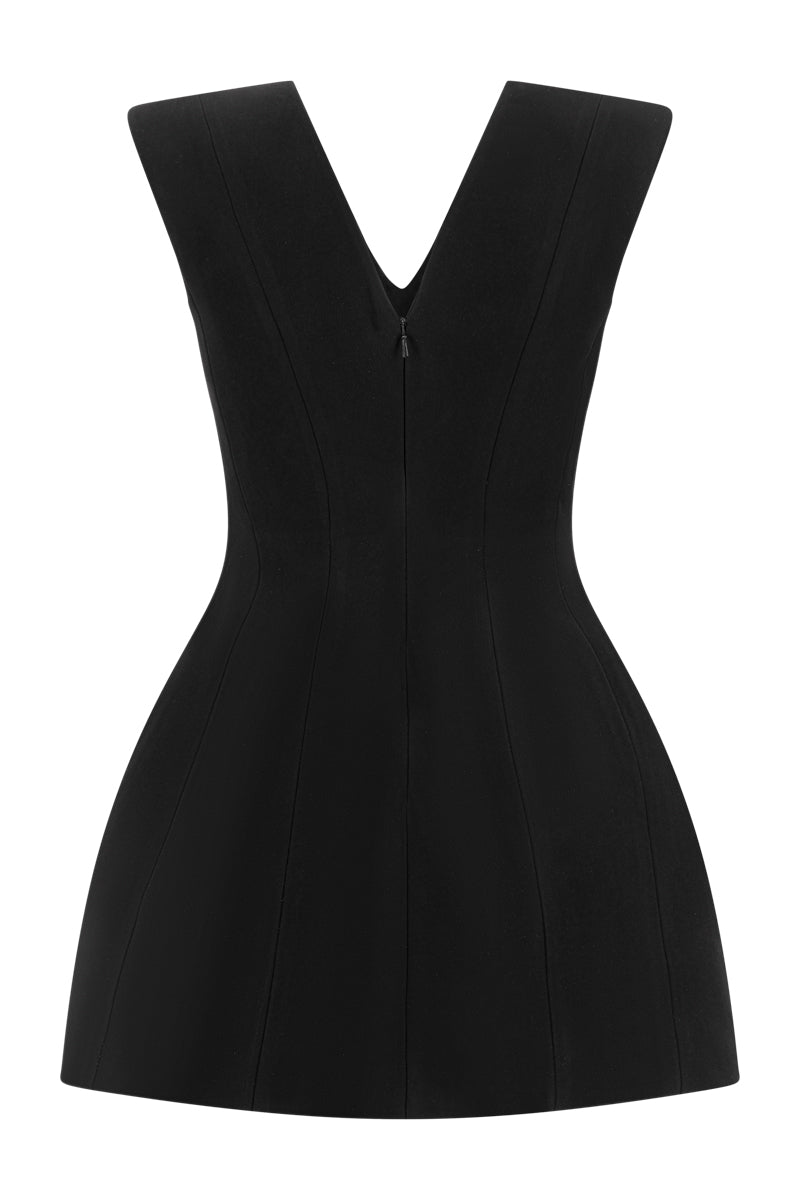 Lili Blanc luxe tailored sleeveless midi dress shown from the back, elegant design with a fitted silhouette and mid-length hem.