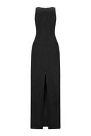 Back view of Lili Blanc elegant fitted sleeveless gown with a sleek silhouette and subtle detailing.