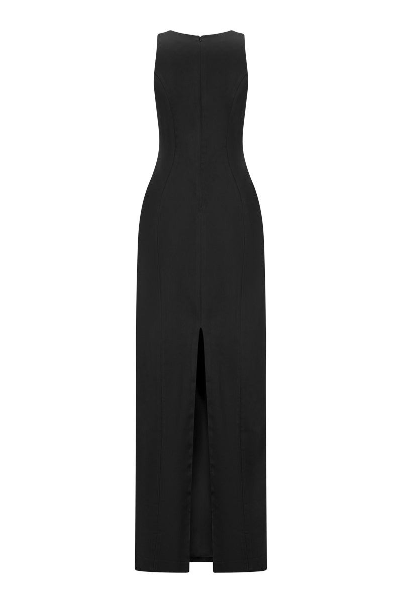 Back view of Lili Blanc elegant fitted sleeveless gown with a sleek silhouette and subtle detailing.