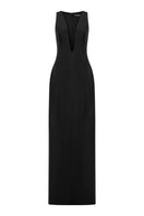 Front view of Lili Blanc elegant fitted sleeveless gown with a sleek silhouette and stylish design.