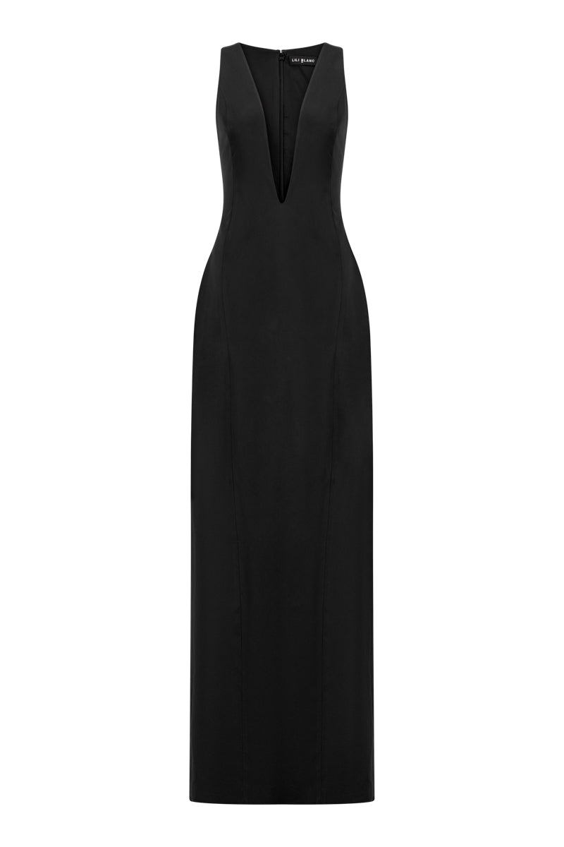 Front view of Lili Blanc elegant fitted sleeveless gown with a sleek silhouette and stylish design.