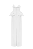 Lili Blanc strapless structured gown shown from the back with fitted bodice and flowing skirt, elegant evening wear design.