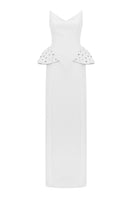 Lili Blanc strapless structured gown in a sleek design, front view showcasing fitted bodice and elegant silhouette.