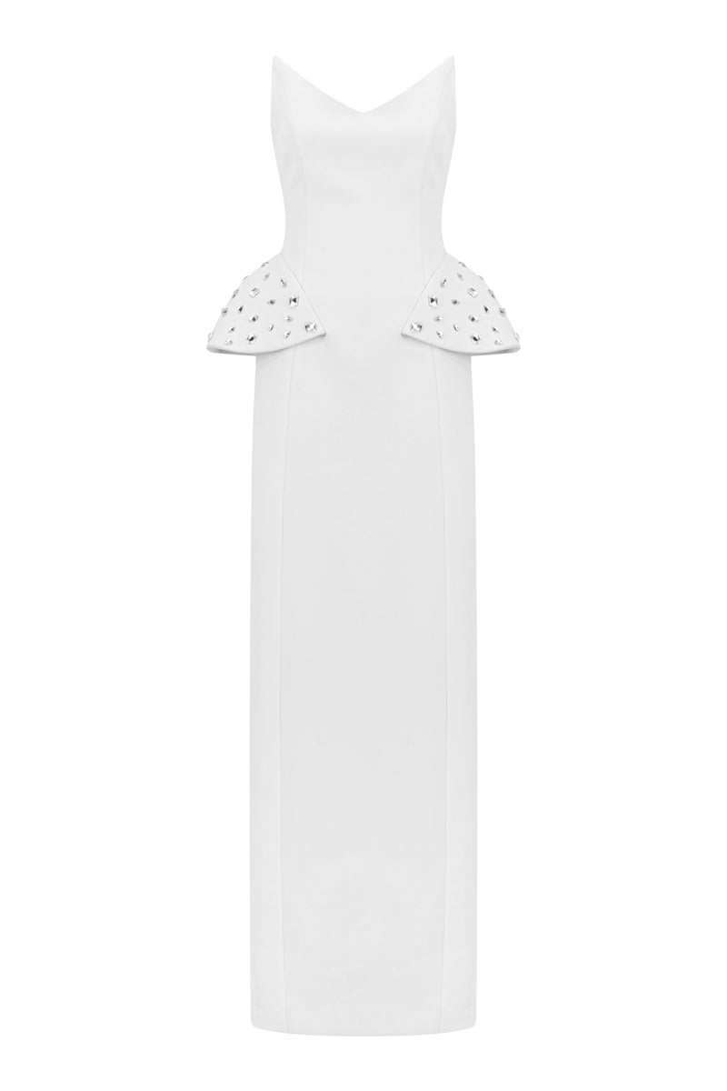 Lili Blanc strapless structured gown in a sleek design, front view showcasing fitted bodice and elegant silhouette.