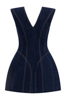 Back view of Lili Blanc denim sculpted sleeveless mini dress showcasing fitted silhouette and stylish design.