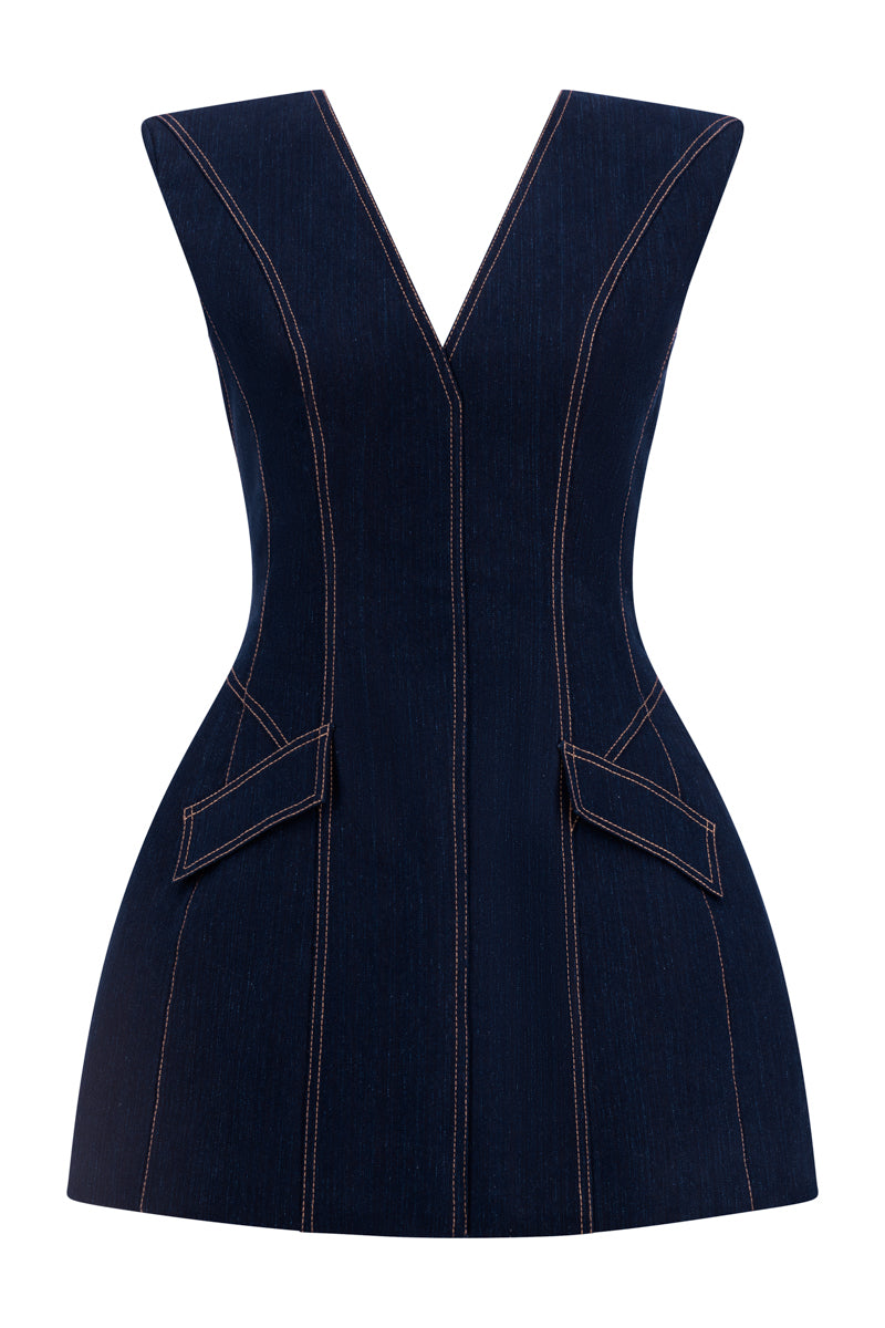 DENIM SCULPTED SLEEVELESS MINI DRESS