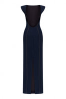 Back view of Lili Blanc Elegant Denim Pencil Dress, a stylish gown featuring a fitted silhouette and denim fabric.