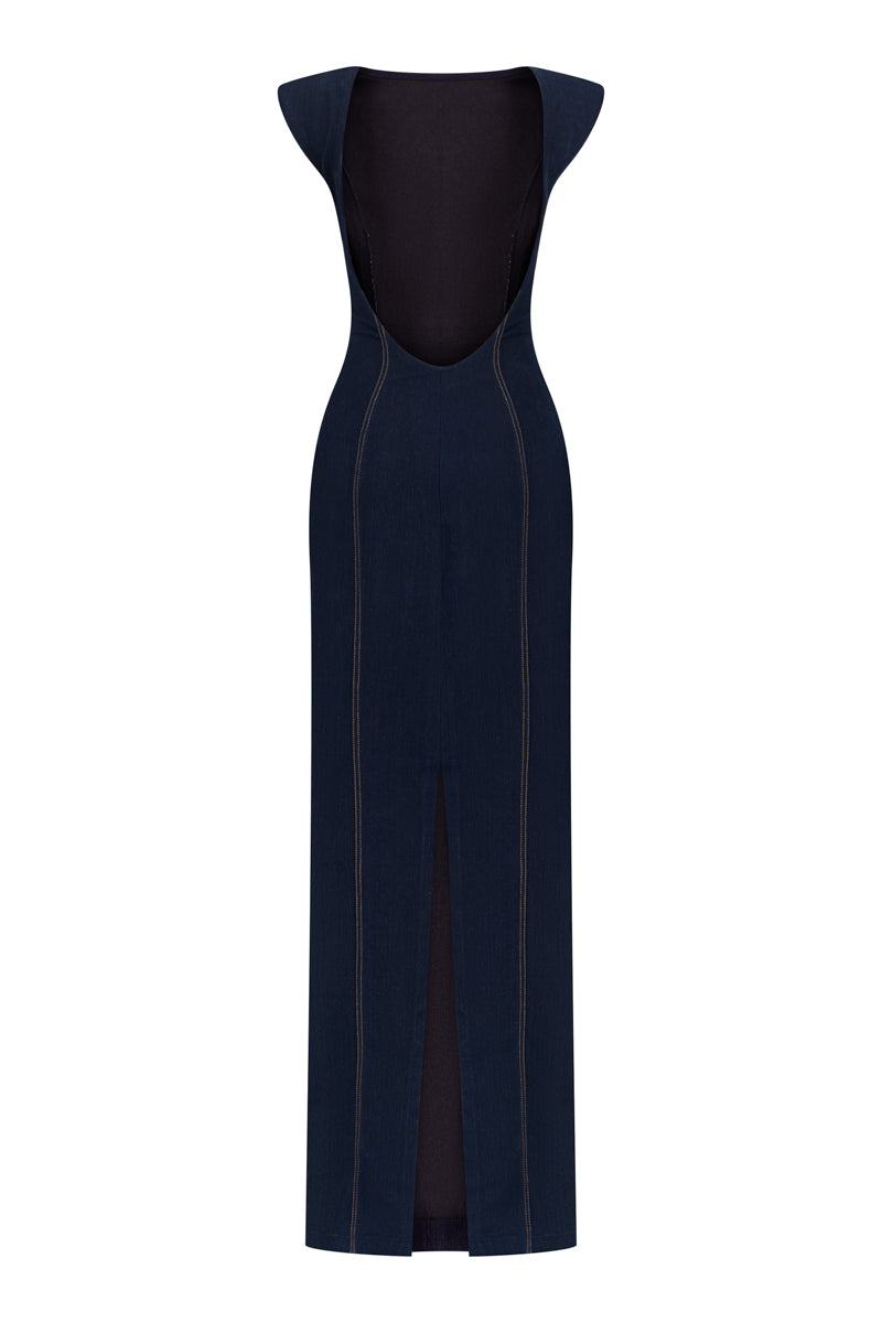 Back view of Lili Blanc Elegant Denim Pencil Dress, a stylish gown featuring a fitted silhouette and denim fabric.