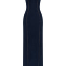Lili Blanc elegant denim pencil gown with a fitted silhouette, front view showing classic design and stylish details.