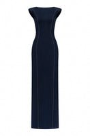 Lili Blanc elegant denim pencil gown with a fitted silhouette, front view showing classic design and stylish details.