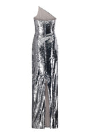 Lili Blanc asymmetric neckline sequin gown shown from the back, featuring shimmering sequins and elegant drape.