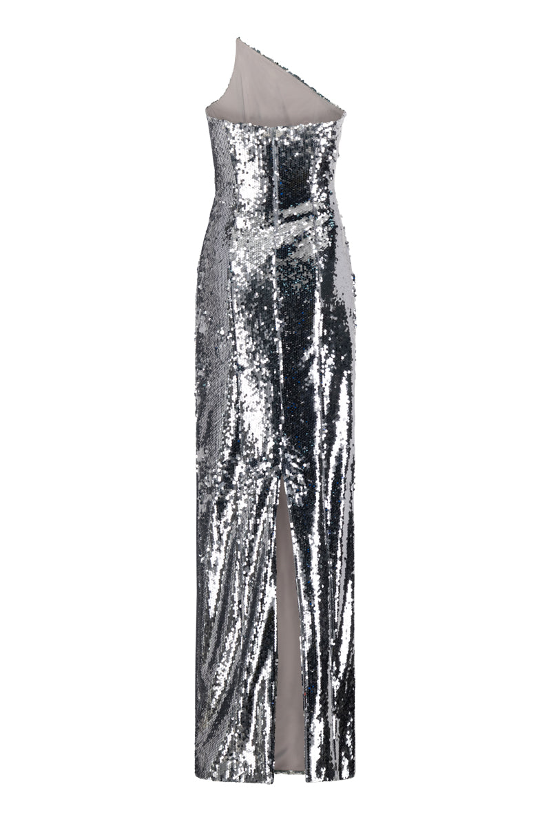 Lili Blanc asymmetric neckline sequin gown shown from the back, featuring shimmering sequins and elegant drape.