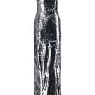 Lili Blanc asymmetric neckline sequin gown with elegant front view, featuring sparkling sequins and a stylish, modern design.