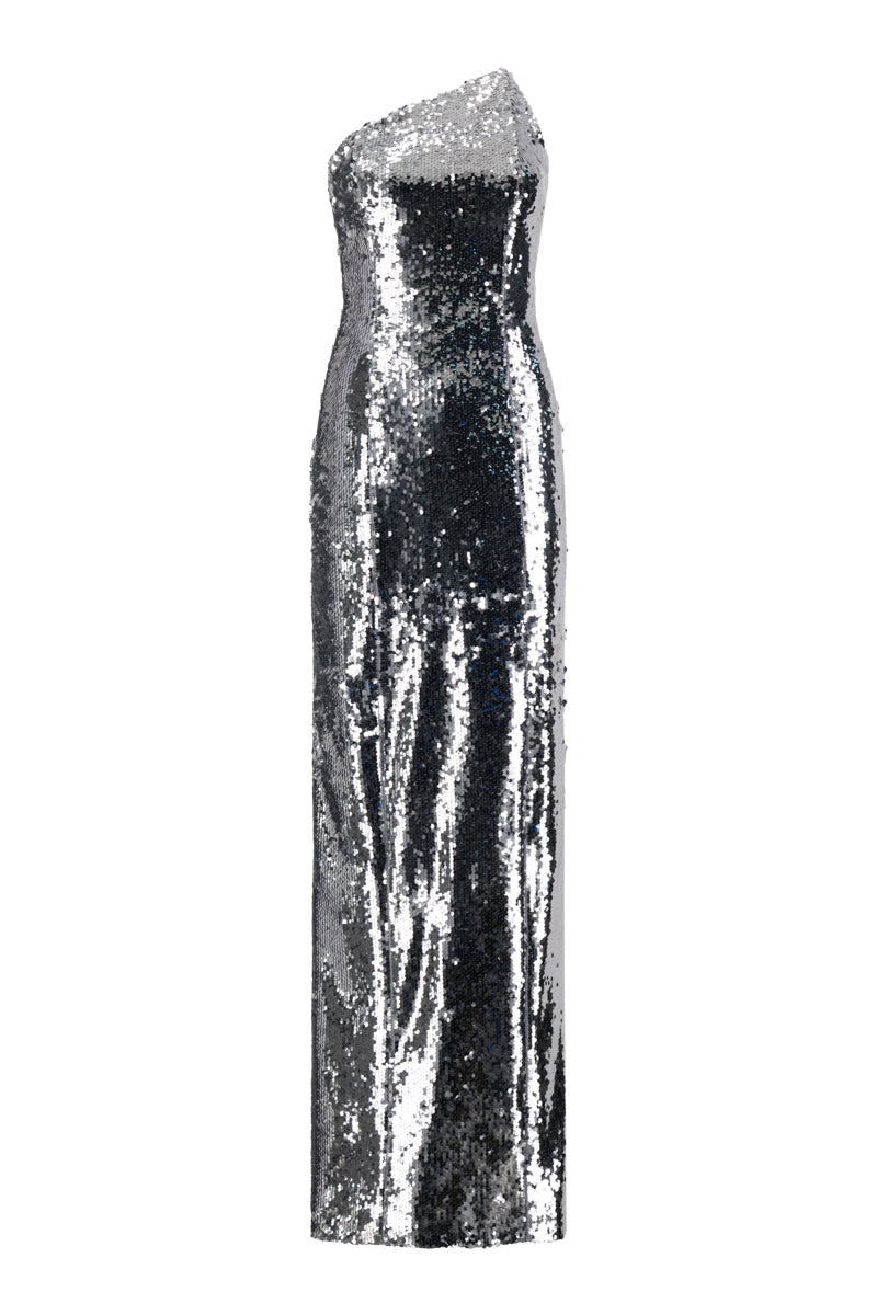 ASYMMETRIC NECKLINE SEQUIN DRESS