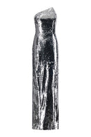 Lili Blanc asymmetric neckline sequin gown with elegant front view, featuring sparkling sequins and a stylish, modern design.