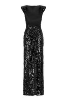 Back view of a Lili Blanc sculpted sequin gown with intricate detailing and a fitted silhouette.