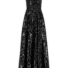 Lili Blanc glamorous sleeveless sequined gown with a fitted bodice and flowing skirt, front view, sparkling evening dress.