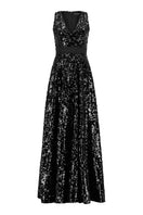 Lili Blanc glamorous sleeveless sequined gown with a fitted bodice and flowing skirt, front view, sparkling evening dress.