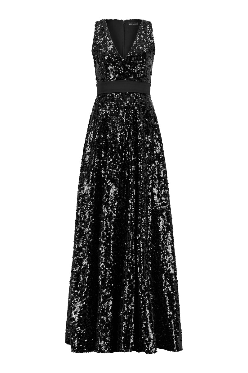 Lili Blanc glamorous sleeveless sequined gown with a fitted bodice and flowing skirt, front view, sparkling evening dress.