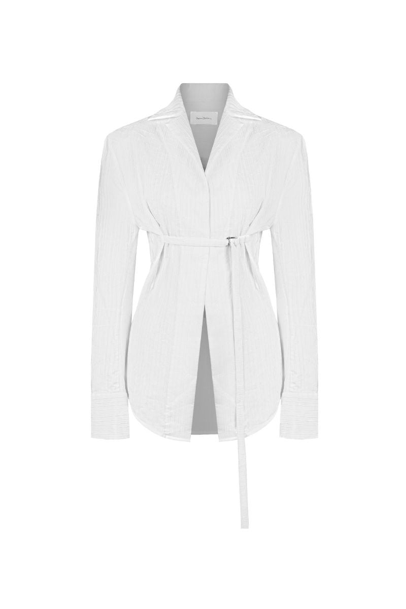 Sean Sheila tailored shirt with belt opening, shown in front view, featuring a crisp collar and stylish belt detail.
