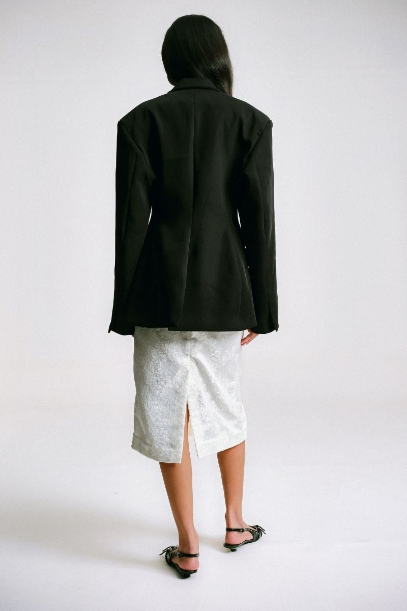 Back view of Sean Sheila embroidered tailored jacket showcasing detailed embroidery and structured design.