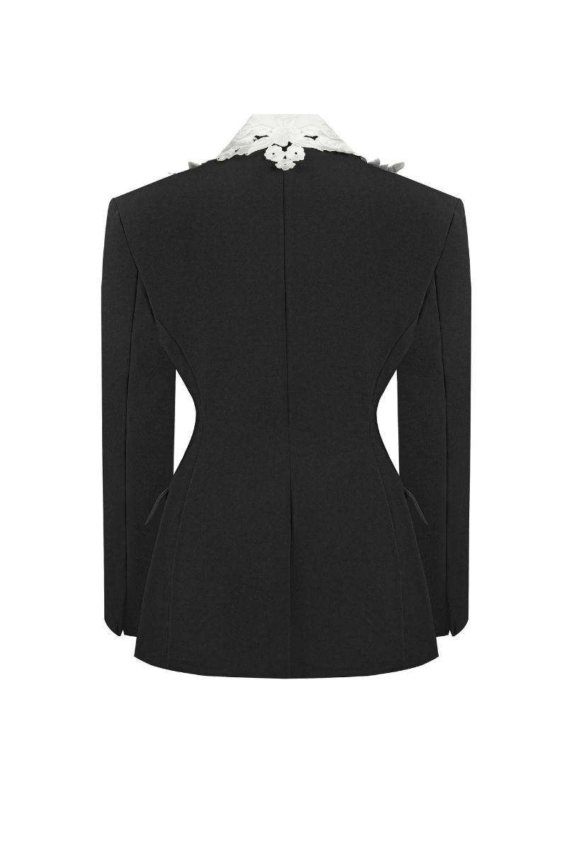 Black tailored Sean Sheila suit jacket with embroidered collar, shown from the back. Elegant, fitted design for formal occasions.