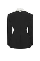 Black tailored Sean Sheila suit jacket with embroidered collar, shown from the back. Elegant formal jacket with detailed embroidery.