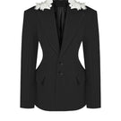 Black tailored Sean Sheila suit jacket with embroidered collar, front view showcasing sleek design and fine stitching.