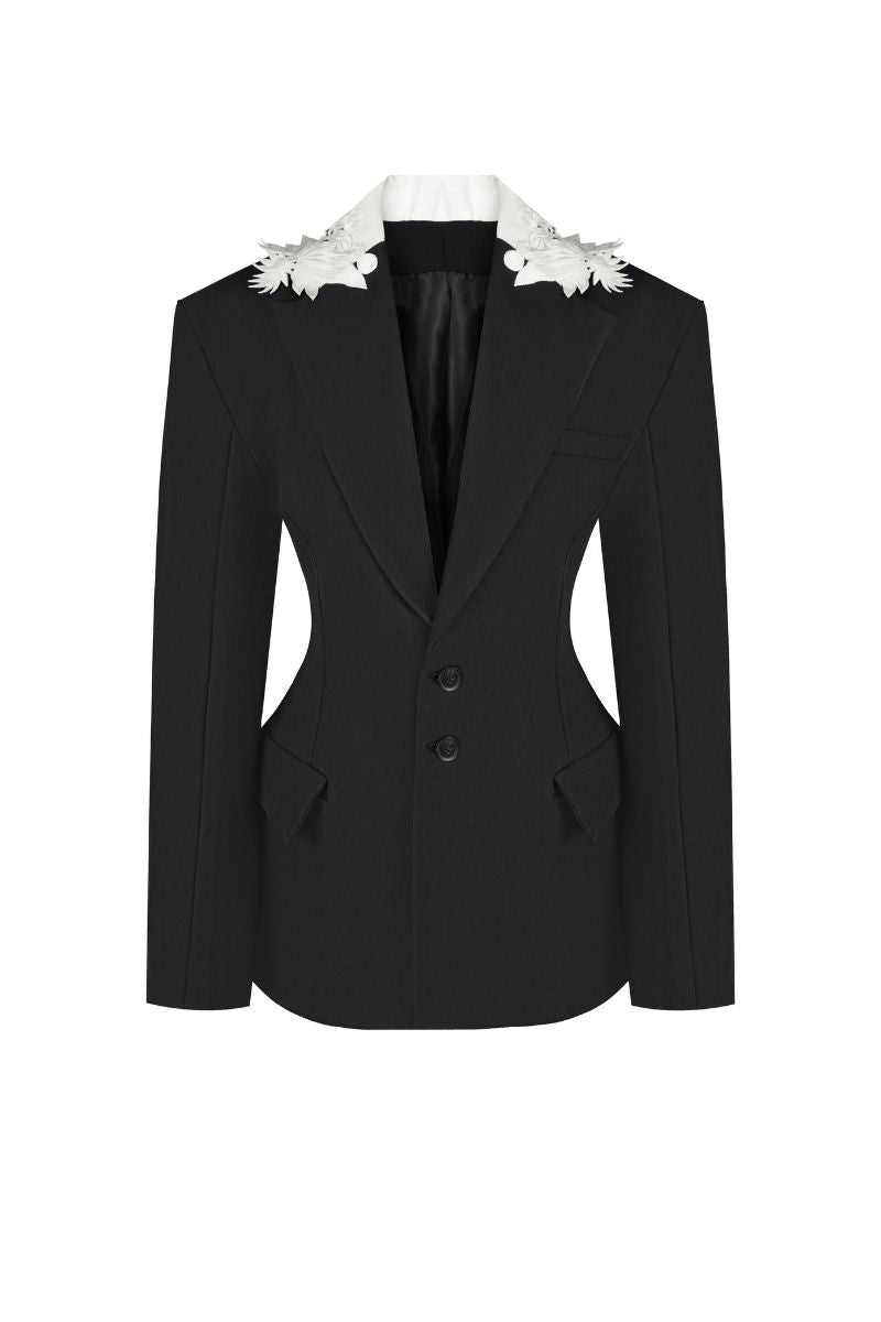 Black tailored suit jacket by Sean Sheila featuring an embroidered collar and a sleek, sophisticated front view.