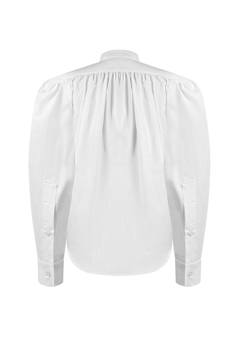 Sean Sheila gathered blouse, stylish shirt with ruched details, shown from the back on a model.