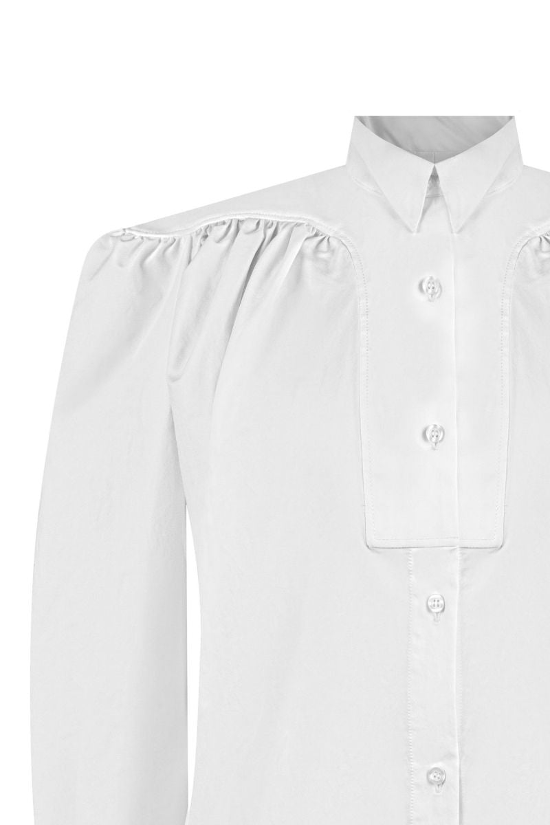 Sean Sheila gathered blouse, stylish shirt with ruched detailing, shown in close-up with fabric texture and gathered design.