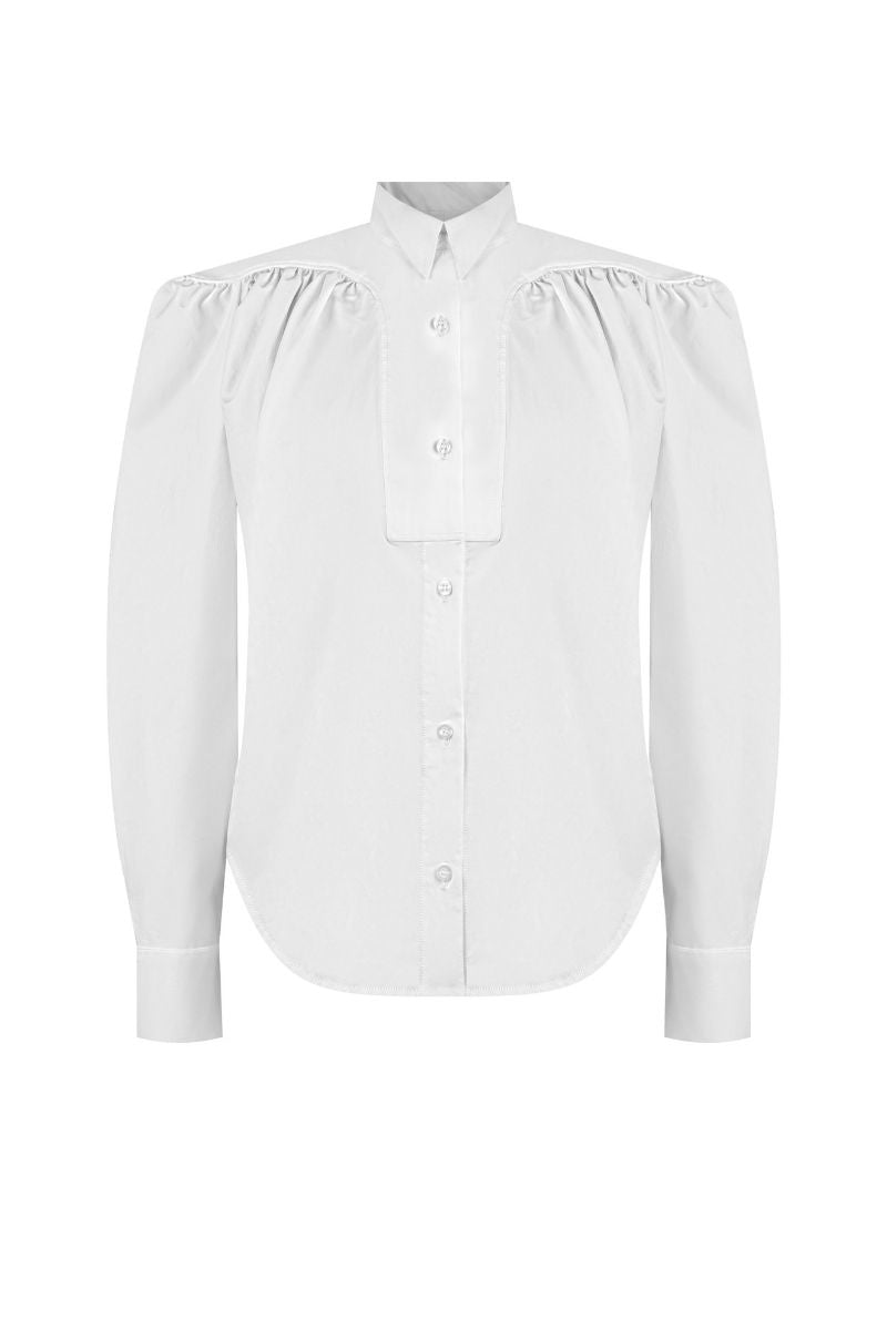 Sean Sheila gathered blouse, front view, stylish shirt with ruched details, lightweight fabric, perfect for casual or dressy occasions.