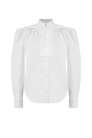 Sean Sheila gathered blouse, a stylish shirt with textured fabric and relaxed fit, shown from the front in the image.