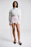 Sean Sheila gathered blouse, stylish shirt with puffed sleeves and fitted design, shown from the front in the image.