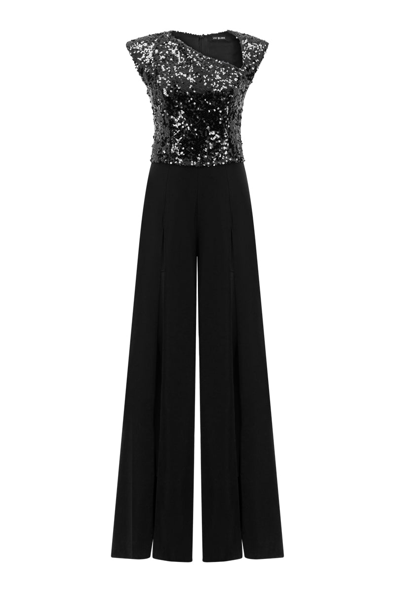 Lili Blanc asymmetric sleeveless jumpsuit featuring a stylish design, front view showing elegant silhouette and modern fashion details.