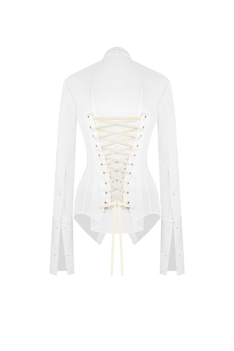 White Sean Sheila kebaya shirt with corset detail, featuring intricate design and traditional-inspired style, shown from the back.