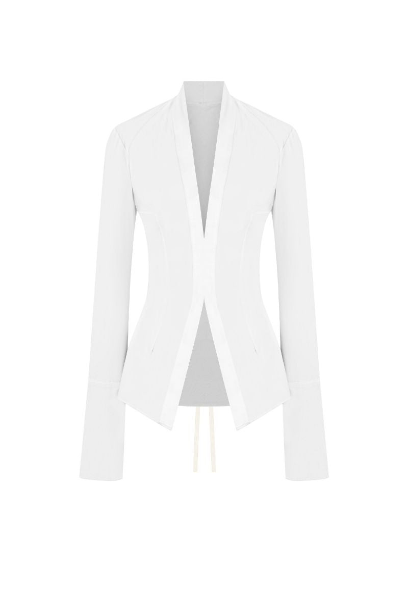 Sean Sheila white kebaya shirt with corset detail, showcasing traditional-inspired design and elegant tailoring.