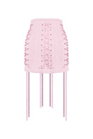 Pink corseted mini skirt by Sean Sheila, shown from the back, featuring fitted design and stylish detailing.