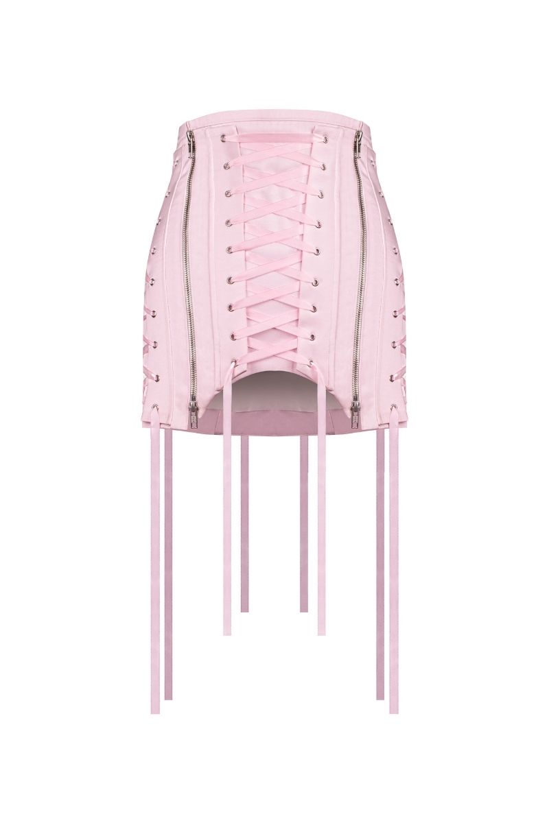 Pink Sean Sheila corseted mini skirt with structured design, front view showcasing the fitted waist and stylish silhouette.