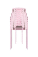 Pink corseted mini skirt by Sean Sheila, featuring a fitted waist and stylish design, shown from the front.