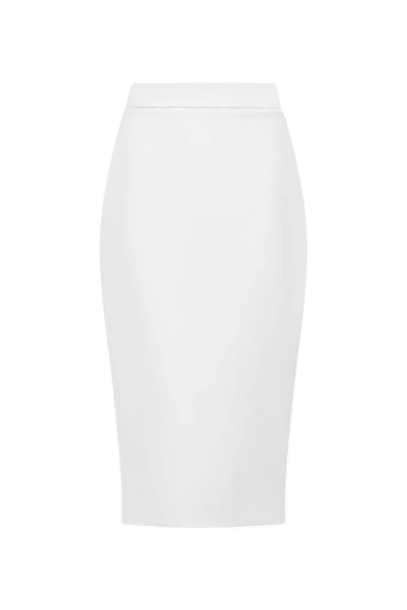 Lili Blanc classic midi length pencil skirt in a sleek, tailored design, displayed from the front view.