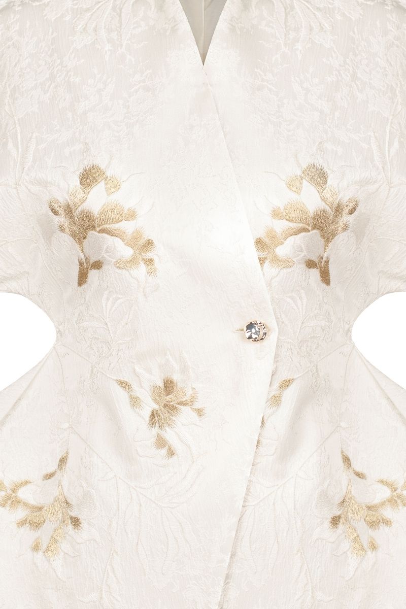 Close-up of Sean Sheila Signature Embroidered Kimono top showing intricate embroidery and lightweight fabric details.