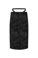 Black midi pencil skirt with stencil detail from Sean Sheila, shown from the back. Elegant, fitted design for stylish office wear.