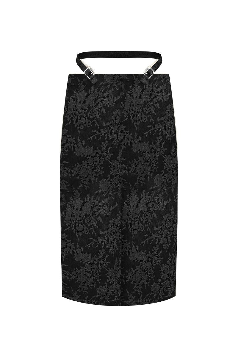 Black Sean Sheila pencil midi skirt with stencil detail, shown from the front, stylish and form-fitting for modern outfits.