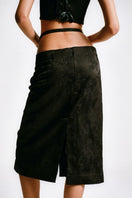 Black midi pencil skirt with stencil detail from Sean Sheila, shown from the back view.